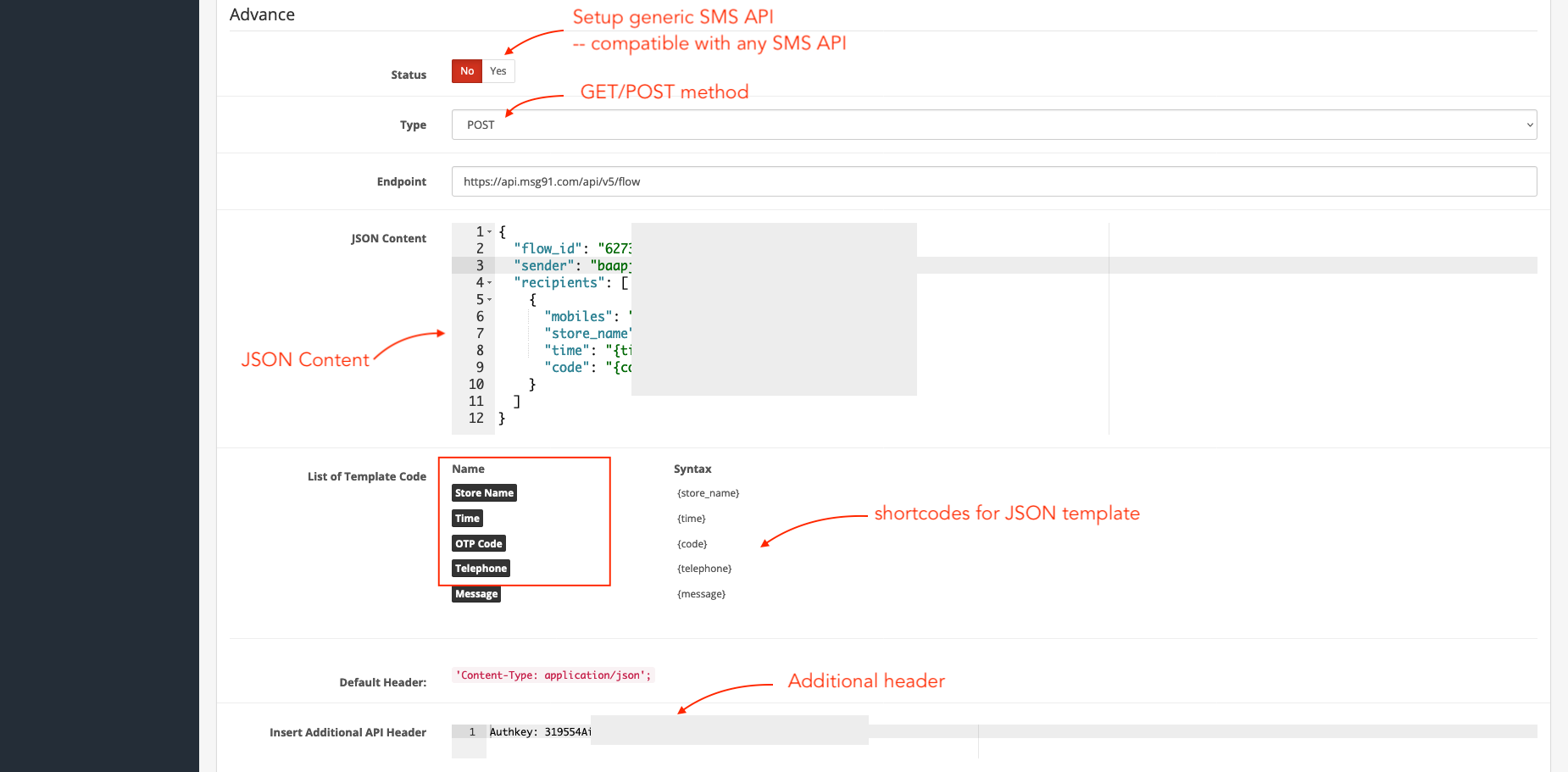 generic SMS API setting along with additional header opencart